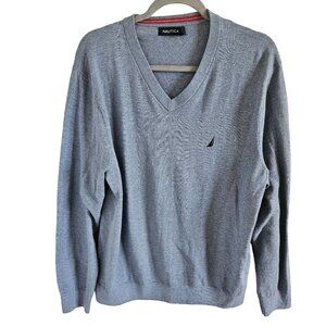 Nautica Mens Size L Heather Blue V Neck Sweater Cotton Blend Classic  Preppy